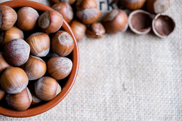 Hazelnuts in a shell and nutshells in ceramic bowl on rustic burlap background
