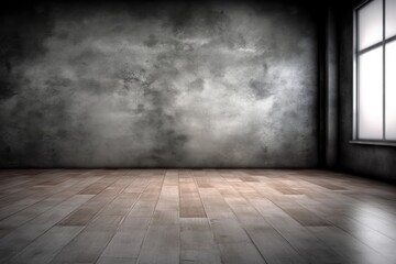 an empty room with a minimalistic design featuring a large window and concrete wall. Generative AI