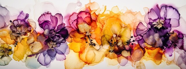 alcohol ink painting of colorful African Violet flowers in a wide border - Generative AI 