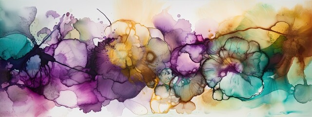 alcohol ink painting of colorful African Violet flowers in a wide border - Generative AI 