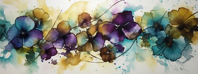 alcohol ink painting of colorful African Violet flowers in a wide border - Generative AI 