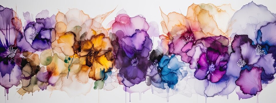 alcohol ink painting of colorful African Violet flowers in a wide border - Generative AI 