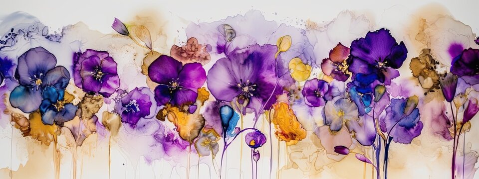 alcohol ink painting of colorful African Violet flowers in a wide border - Generative AI 