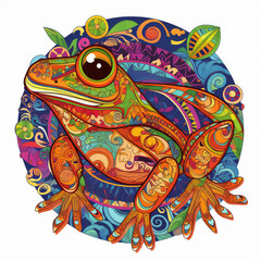 Colorful whimsical frog mandala art on a white background. Created with Generative AI technology.	