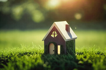 Copy space of home and life concept. Small modern home. Green concept house in the grass, eco friendly. Generative ai