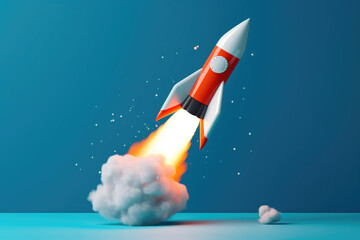 Illustration of a blue rocket on a red background. Colorful spaceship design, funny cartoon. Copy space. Generative ai.