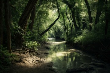 A river in a green forest with trees, bushes and a path. Generative AI