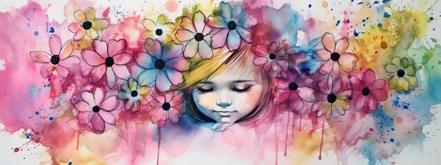 Alcohol ink drawing of a little girl playing in colorful daisies large border - Generative AI