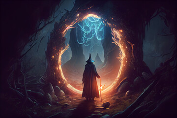 Magic wizard summoning a portal in forest at night. The greater Portal showing a new world. Mystical witch concept. High quality illustration