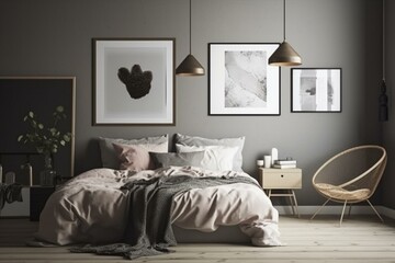 Contemporary teen room with empty picture frame on grey wall. Cozy atmosphere with bed and sideboard. Perfect for poster or picture. Generative AI