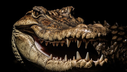 Fototapeta premium Furious reptile screams with sharp teeth exposed generated by AI