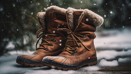 Cozy leather hiking boots embrace winter adventure generated by AI
