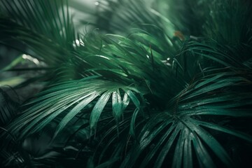 Naklejka na ściany i meble Transparent green palm leaves with a floral background. Generative AI