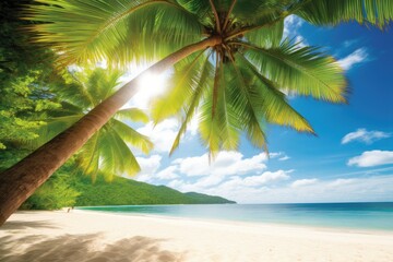 serene tropical beach scene with a palm tree and clear blue sky. Generative AI