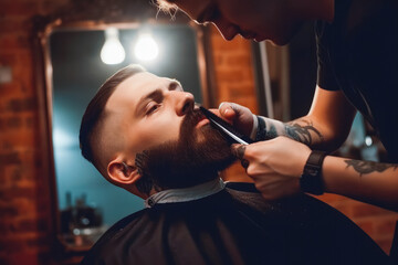 Fototapeta na wymiar Barber shaving bearded male with sharp razor. Close up of professional barber styling. Generative AI.