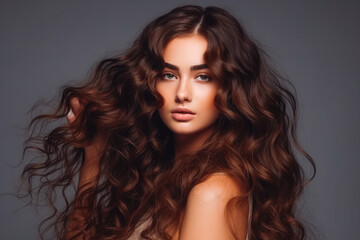 Fototapeta premium Brunette girl with long and shiny wavy hair. Portrait of beautiful young brunette woman in studio with grey background. Generative AI.