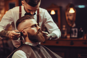 Obraz premium Barber shaving hipster bearded male with sharp razor. Close up of professional barber styling. Generative AI.