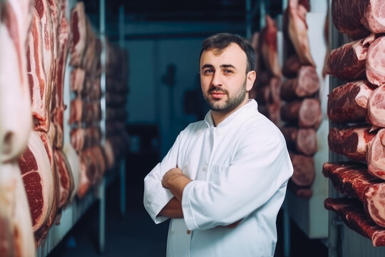Portrait of handsome butcher in white uniform at the storage. Serious pose in studio with crossed arms. Generative AI