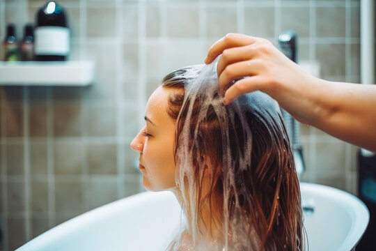 Woman washing a client's hair in hair salon. Professional hairdresser styling women hair. Generative AI