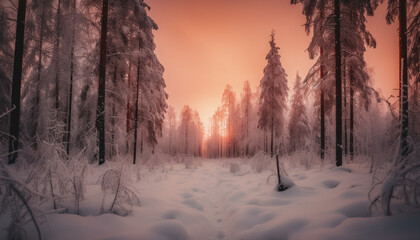 Tranquil autumn forest with frozen conifers at dusk generated by AI