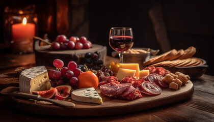 Gourmet meat and cheese board with wine generated by AI