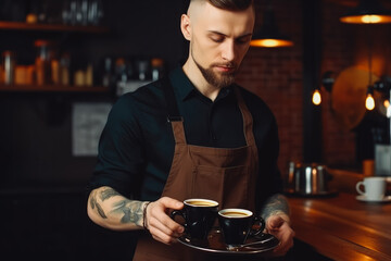 Waiter in black apron stretches a cup of coffee. Professional barista working, making a coffee cappuccino. Generative AI.