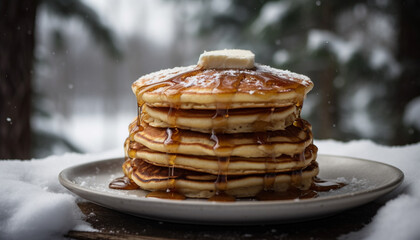 Stack of homemade pancakes with maple syrup generated by AI