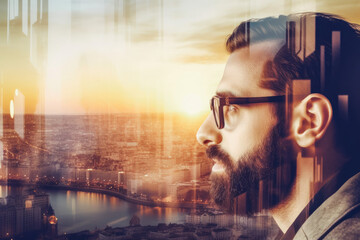 Fototapeta premium Closeup photo of stylish bearded banker wearing glasses. Businessman portrait wearing eyeglasses looking away. Successful business. Generative AI.