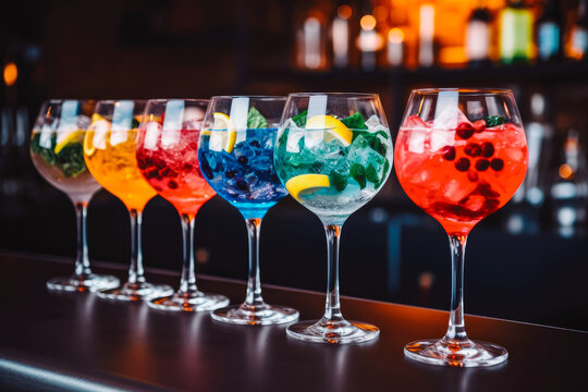 Five colorful gin tonic cocktails in wine glasses on bar. Social gathering party time concept. Generative AI.