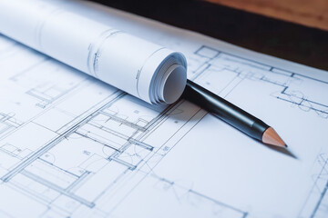 Architect rolls and architectural plan technical project idea. Pen and papers on table. Generative AI.