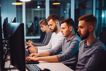 Group of businesspeople and software developers working on computers in office. Serious men and women working together. Generative AI.
