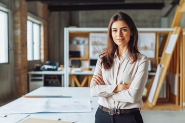 confident female architect standing in office with crossed hands. Portrait of confident business woman. Generative AI. - obrazy, fototapety, plakaty