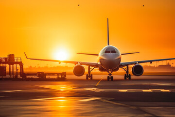 Fototapeta na wymiar Plane on runway in sunset light. Runway shot of plane taking off at sunset. Generative AI.