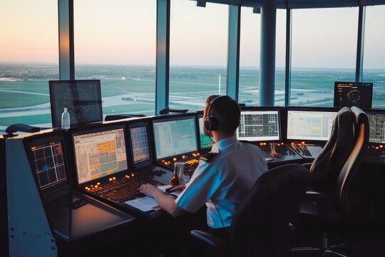 Air traffic control workplace.Controllers in the control center. Professional air traffic control. Generative AI
