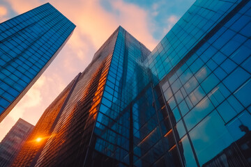 Fototapeta na wymiar Sunset reflected off modern glass facades of skyscraper. Busy modern city life buildings in morning light. Generative AI.