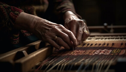 One woman weaving handmade woolen rug indoors generated by AI