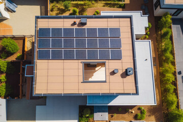 Top down view of modern single family homes and solar panels on roof. Modern residential area. Generative AI.