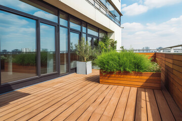 Fototapeta premium Penthouse with terrace in top of multi story modern apartment building. Empty terrace on top of building. Generative AI