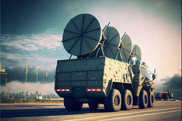 Air defense radars of military mobile antiaircraft systems in green color and ballistic rocket launcher with four cruise missiles in centre of frame, modern army industry . High quality illustration - obrazy, fototapety, plakaty