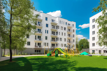 Modern multistory apartment building with white walls and green playground in front. Generative AI