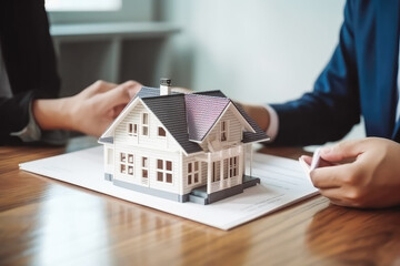 Fototapeta premium House model with real estate agent and customer discuss buying new home. Meeting with real estate agent Generative AI.
