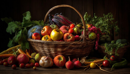 Fresh autumn vegetables on rustic wicker table generated by AI