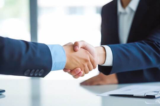 Successful financial plans. Insurance agent shaking hands with client, making a deal. Generative AI.