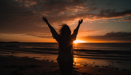 Fototapeta premium Arms raised in joy, one woman celebrates sunset generated by AI