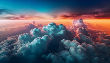 Naklejka premium Vibrant sunset sky over idyllic landscape scene generated by AI