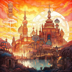 Obraz premium A painting of a castle with a moon in the background. generative ai