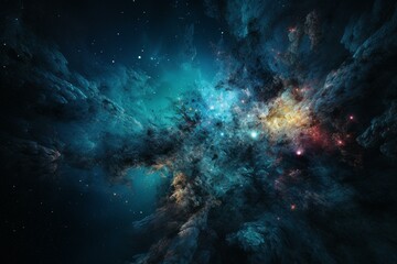 Fototapeta na wymiar Illustration of a colorful universe with blue accents. Generative AI