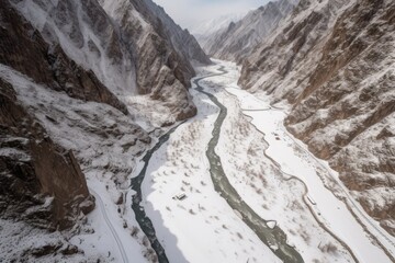Fototapeta na wymiar serene river flowing through a winter wonderland canyon. Generative AI