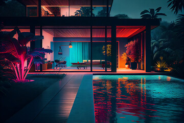 Modern new luxurious mansion exterior with swimming pool and colorful sky at dusk. Tropical villa view with garden and neon lights illumination. High quality photo