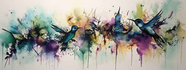 alcohol ink art of colorful hummingbirds - wide border - Generative AI art